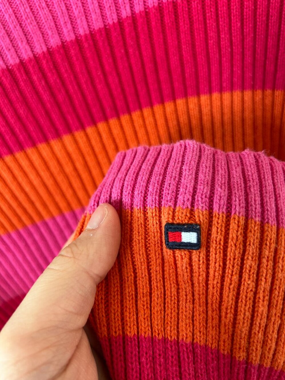 Vintage Tommy Jeans Ribbed Striped Sweater Pink Orange Y2K 100% Cotton Women's L - Picture 4 of 4